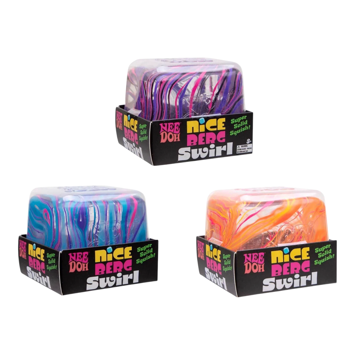 Squish Planet NeeDoh Jumbo Swirl Nice Berg fidget toy in purple, blue, and orange swirl patterns. Soft, slow-rising squishy.